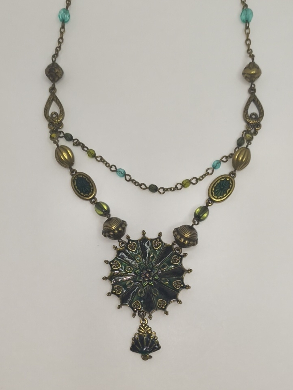 Antique-Style Green Enamel Floral Starburst Pendant Necklace